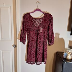 Xtraodinary Sheer Velvet Floral Pattern Mini Dress Or Tunic With 3/4 Bell Sleeve